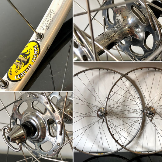 Ruote Campagnolo Record 1035, flangia alta, con cerchi Fiamme Sprint.