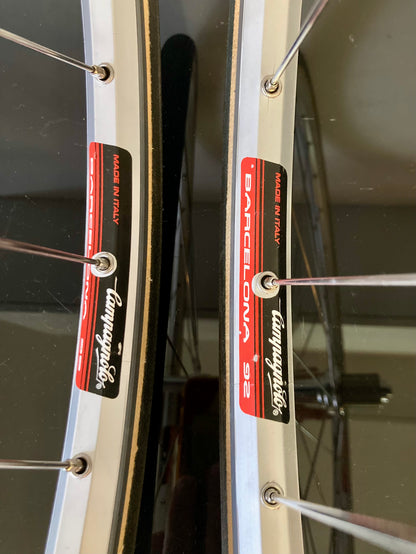 Ruote da corsa Campagnolo Barcelona '92, su mozzi Bitex. Corpetto Shimano 8-9-10v