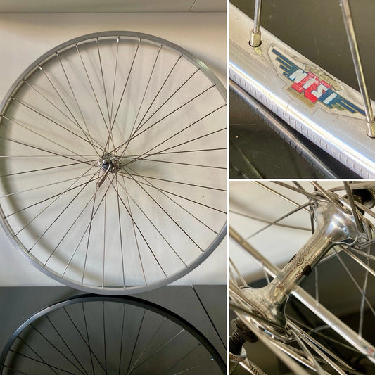 Ruota anteriore corsa, mozzo Campagnolo Record, cerchio Nisi tubolare.