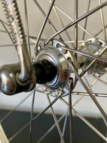 Ruota anteriore corsa, mozzo Campagnolo Record, cerchio Nisi tubolare.